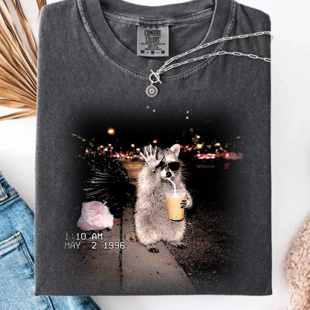 Raccoon Drinking Iced Coffee Shirt, Funny Animal Meme Tee, Coffee Lover