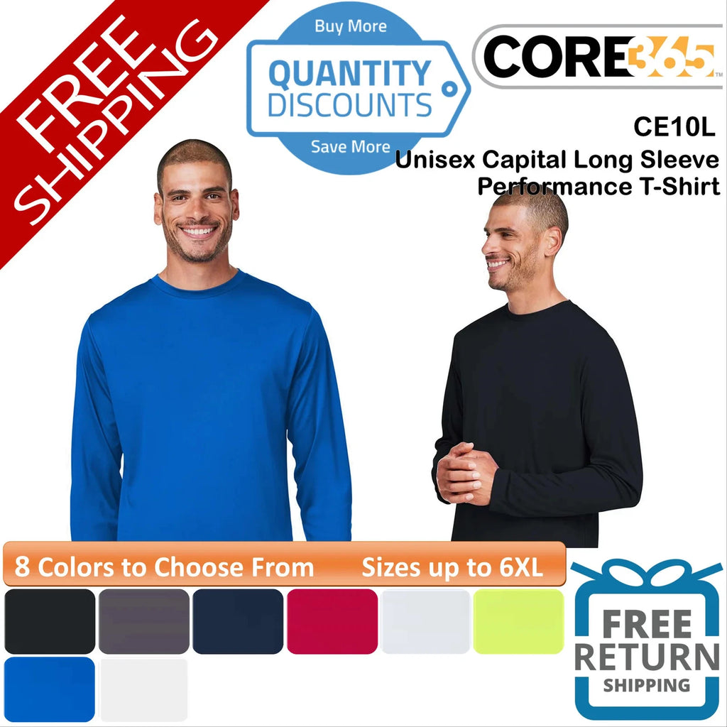 🔥 CORE365 Unisex Capital Long Sleeve Performance T-Shirt Up To 6XL CE10L