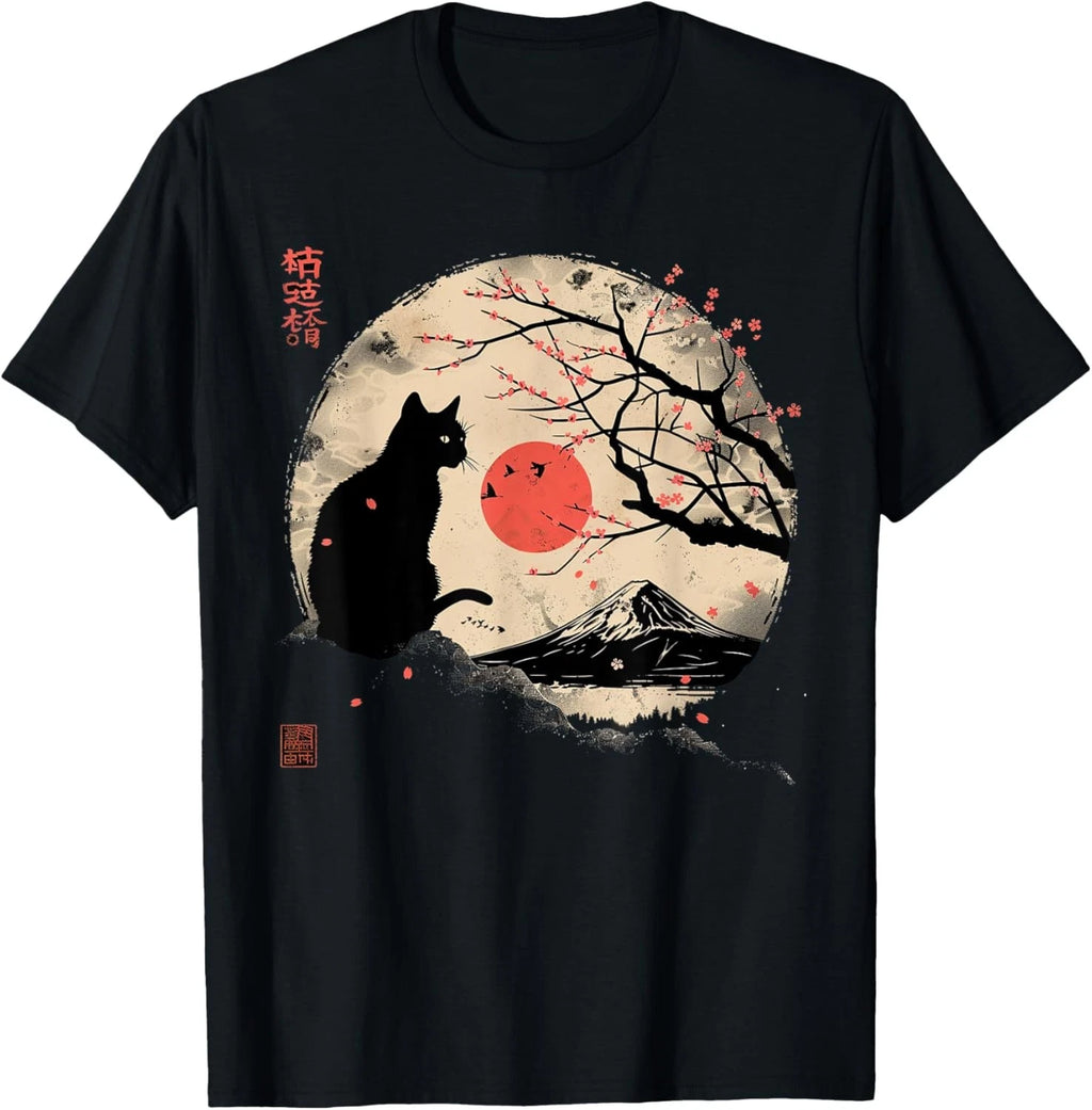 Black Cat Vintage Japan Art Japanese Theme Retro Print T-Shirt