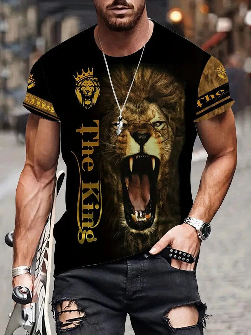 T-Shirts Fashion Gold Lion The King Black Casual Short Sleeve  Novelty Silky Tee