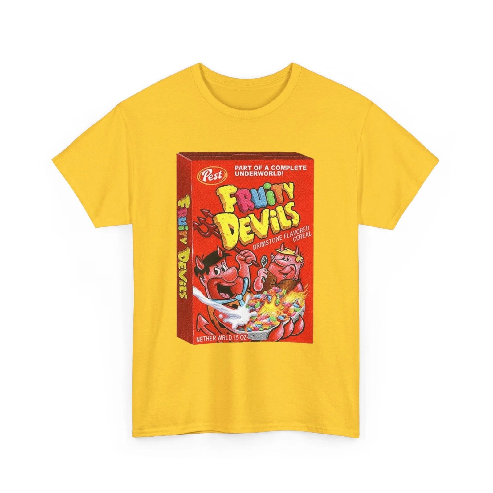 Wacky Packages Fruity Devils Cereal Printed T-Shirt Funny Fruity Pebbles Parody