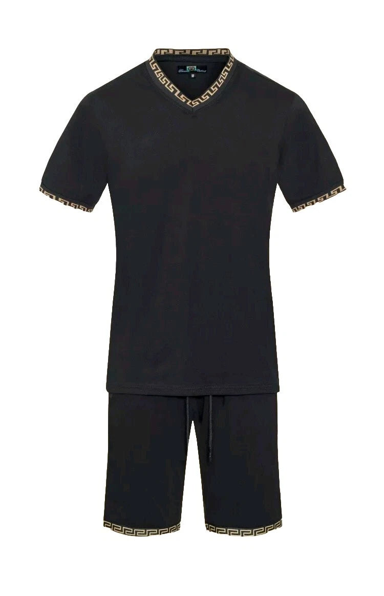 Men's Italian fashion Black Short Sleeves T-shirt/short Set Greek Key V neck