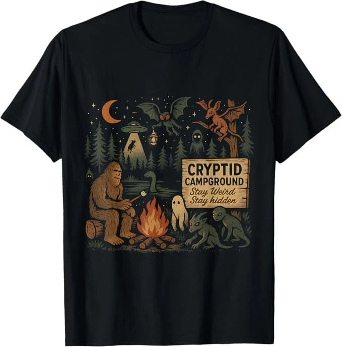 Cryptid Campground Bigfoot Mothman Aliens Loch Ness Monster T-Shirt
