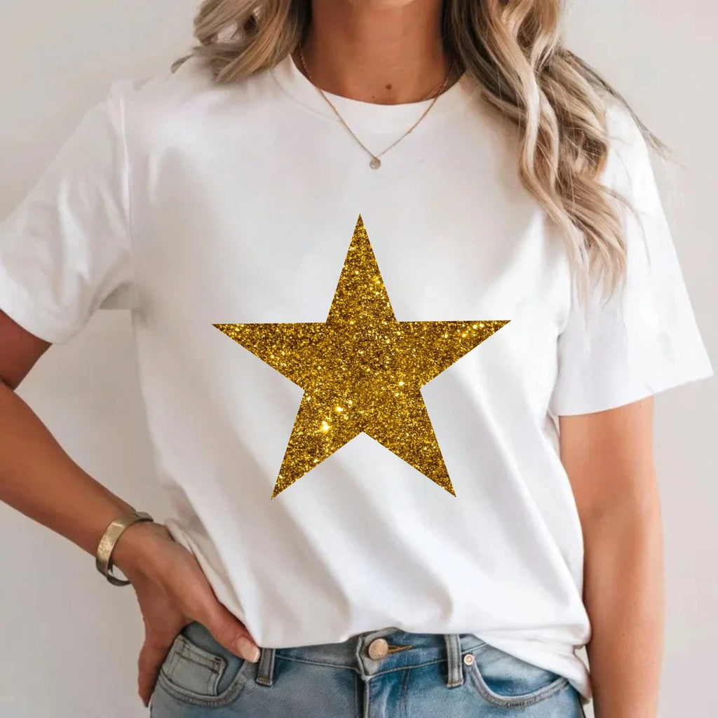 Gold Glitter Star Printed T-Shirt Minimalist Fashion Sparkle Birthday Gift Top