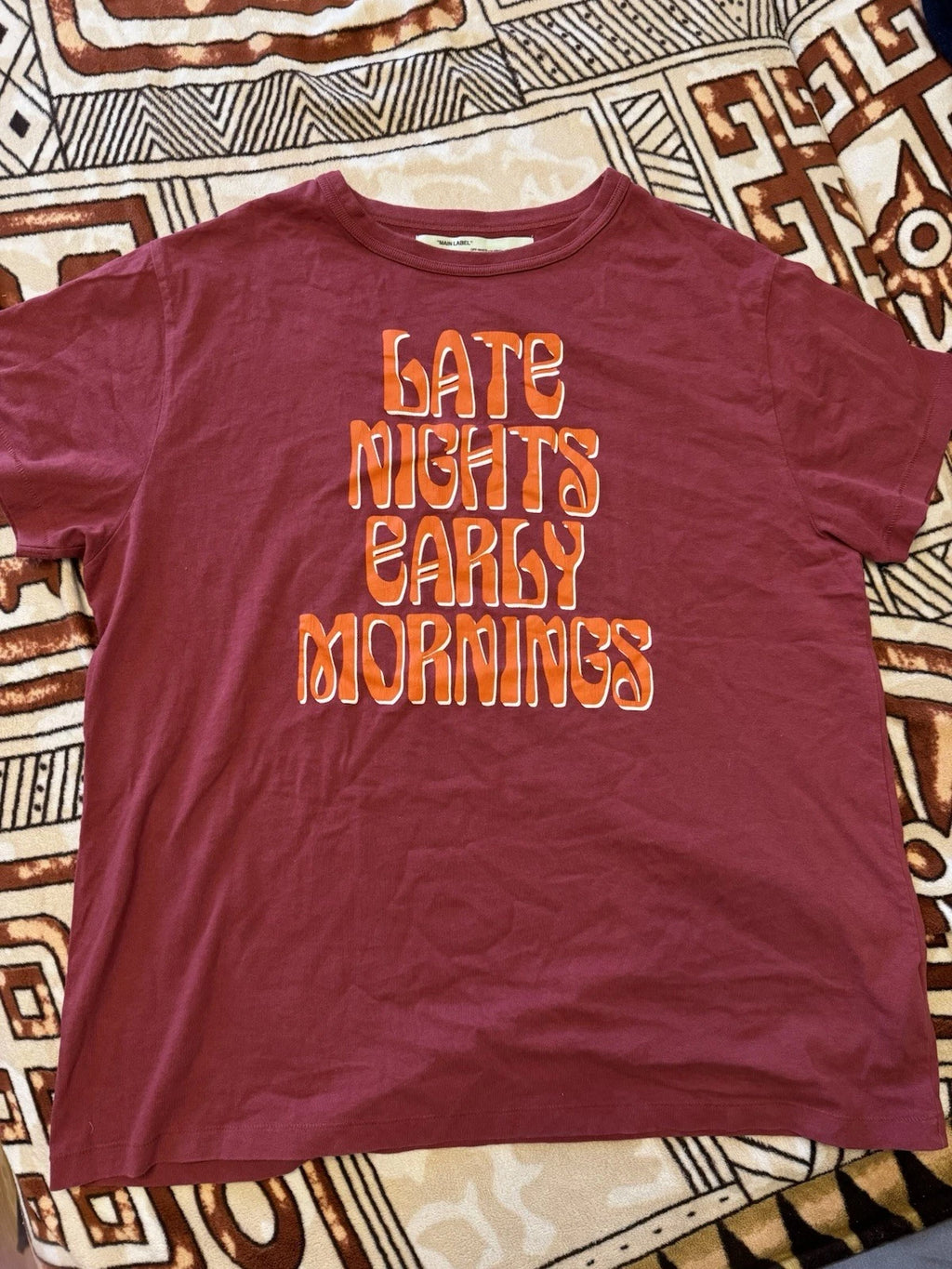 Off-White Late Nights Early Mornings T-Shirt Burgundy Red Size L Cotton