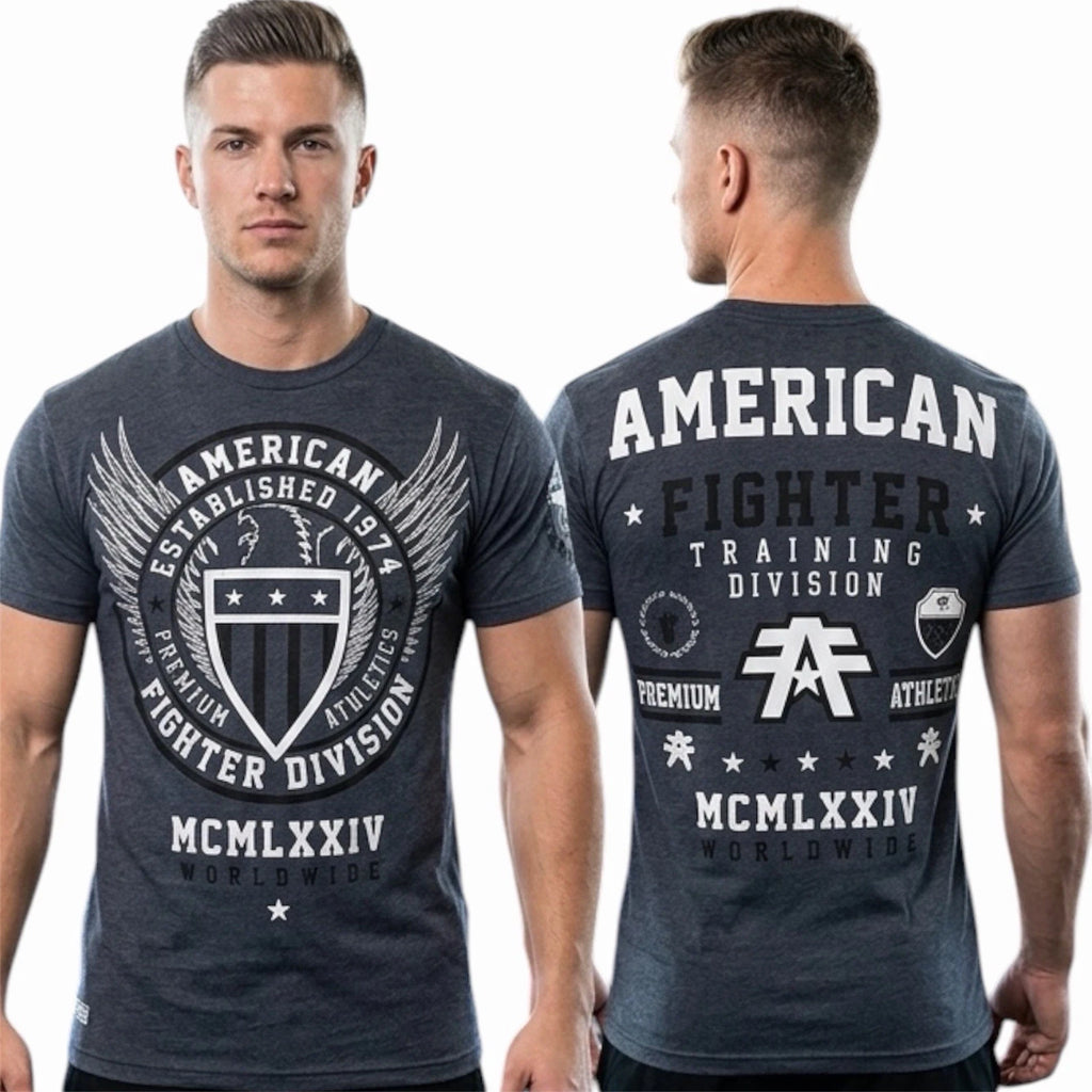 AMERICAN FIGHTER Navy Blue Heather BELIEVE Athletic Graphic T-shirt NWT