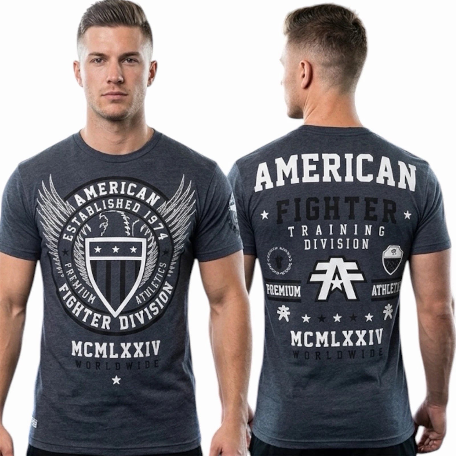 AMERICAN FIGHTER Navy Blue Heather BELIEVE Athletic Graphic T-shirt NWT