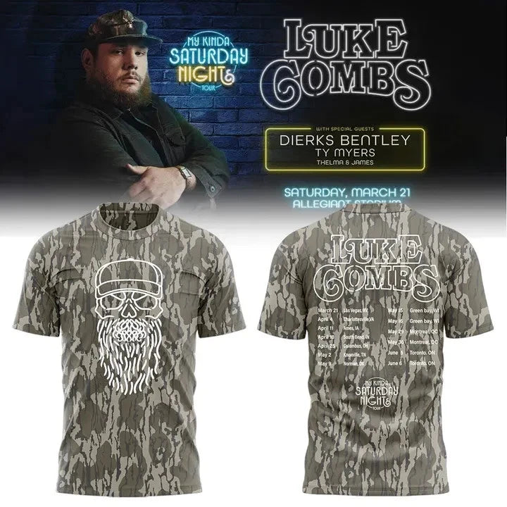 Luke Combs My Kinda Saturday Night Tour 2026 Skull Beard Camo T-Shirt Fan Tee
