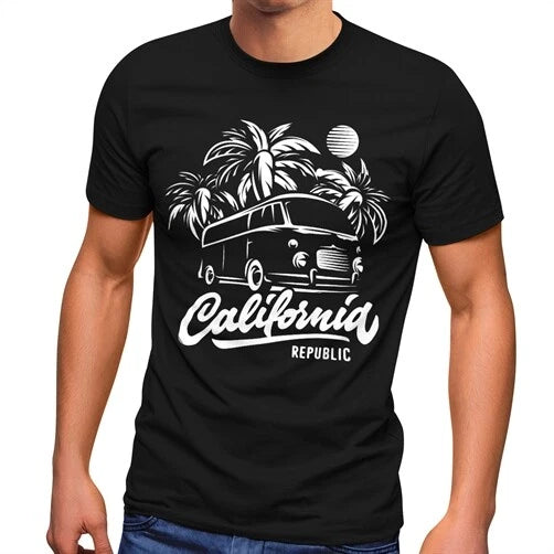 Men's California Surf Retro Bus Adventure Holiday Palm Trees Slim Fit T-Shirt