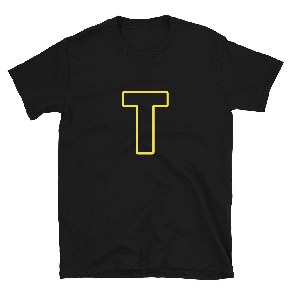 Letter  T Yellow Bold Font Simple Black T-Shirt