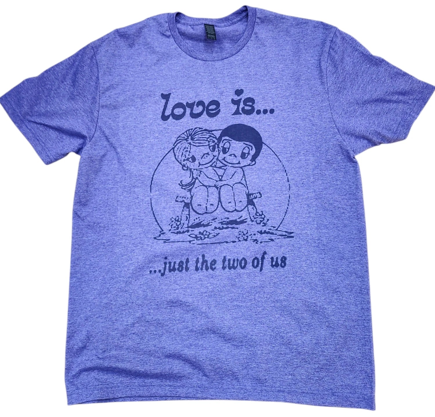 1972 Kim Casali LOVE IS Men color royal blue T-shirt. . . Night Light Comic L.A.