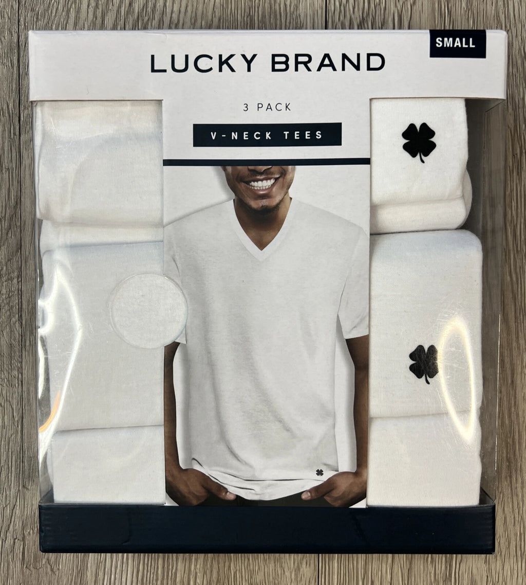 Lucky Brand Men's 3 Pack V-Neck Logo Tees Super Soft Size Small 34-36 White New