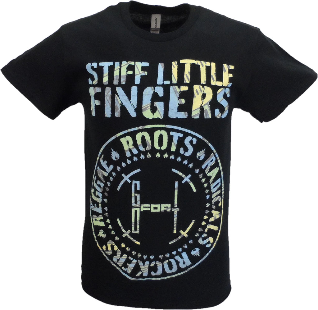 Mens Black Official Stiff Little Fingers Roots, Radicals, Rockers T Shirt