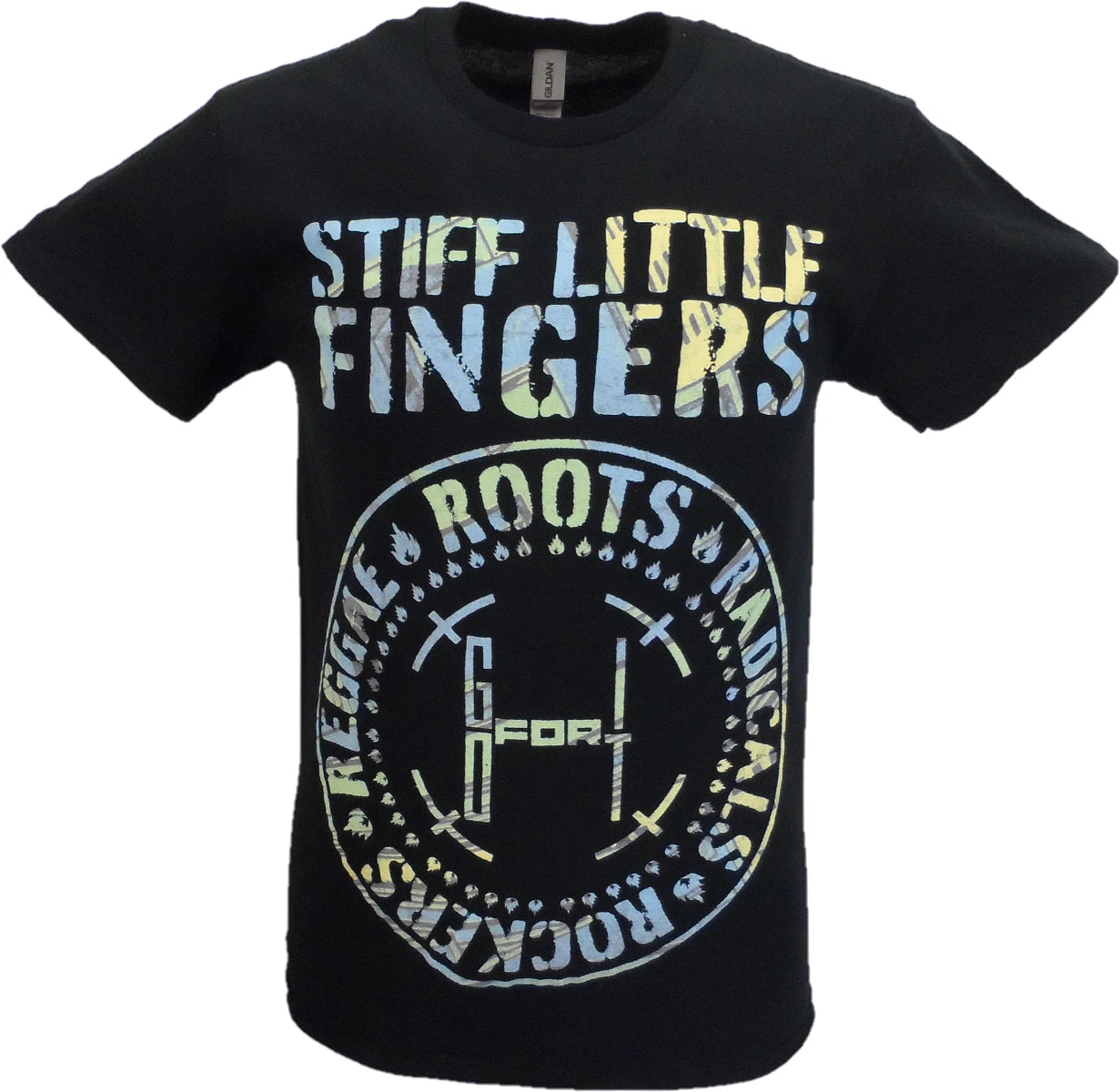 Mens Black Official Stiff Little Fingers Roots, Radicals, Rockers T Shirt