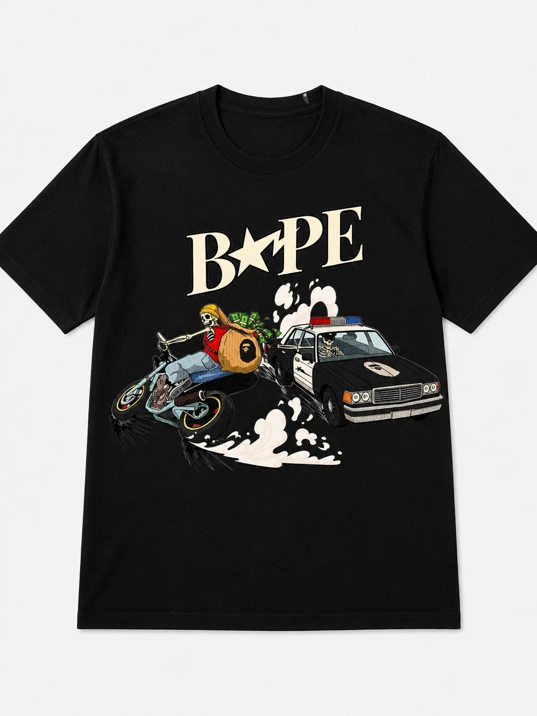 Street Chase Skeleton Graphic T-Shirt | Motorcycle Rider Cartoon Tee