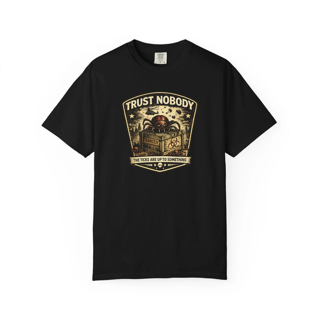 "Trust Nobody" Tick | Ticks Badge Graphic T-Shirt | Black & White