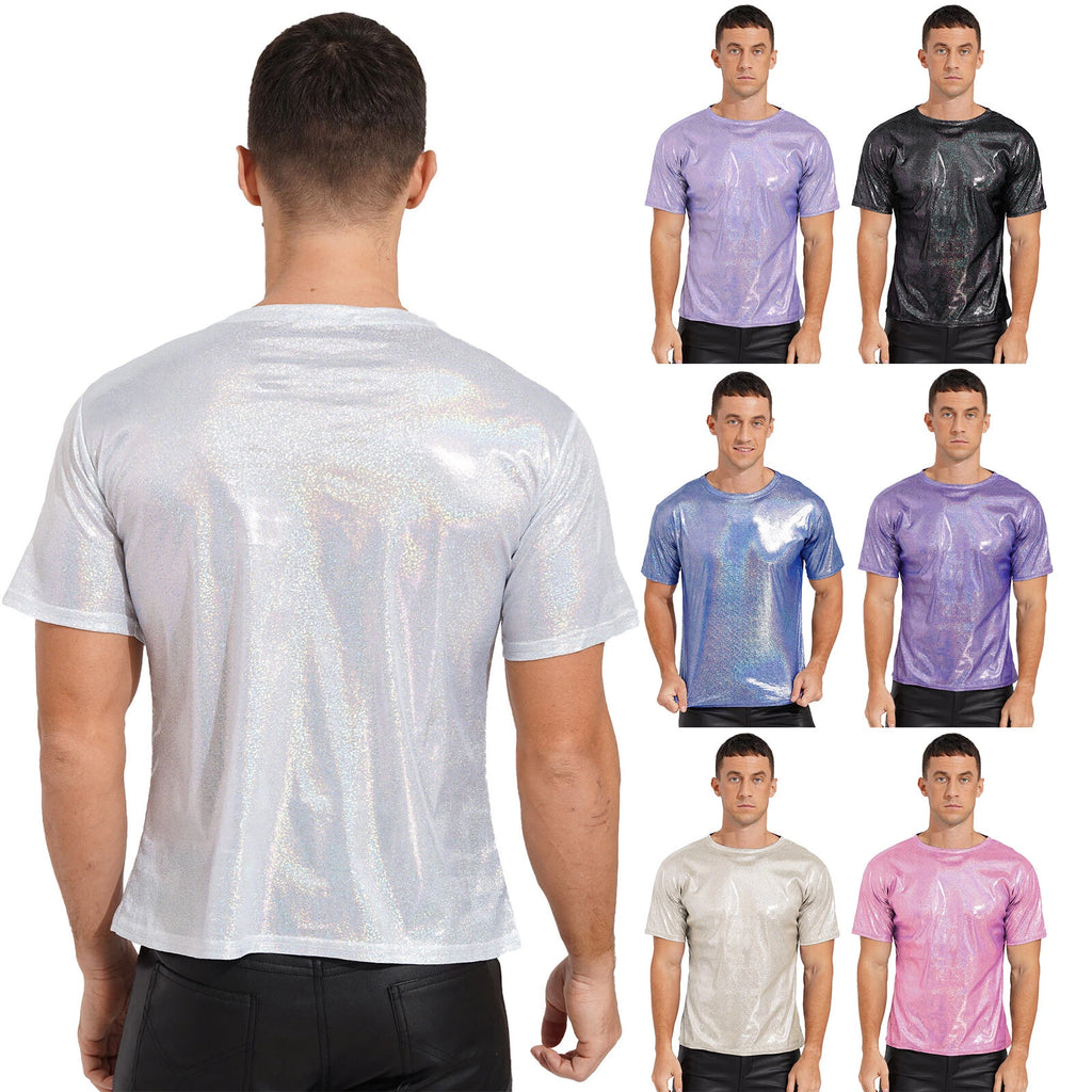 Mens Metallic T-Shirts Short Sleeve Tops Shiny 80s Disco Party Night Club Costume