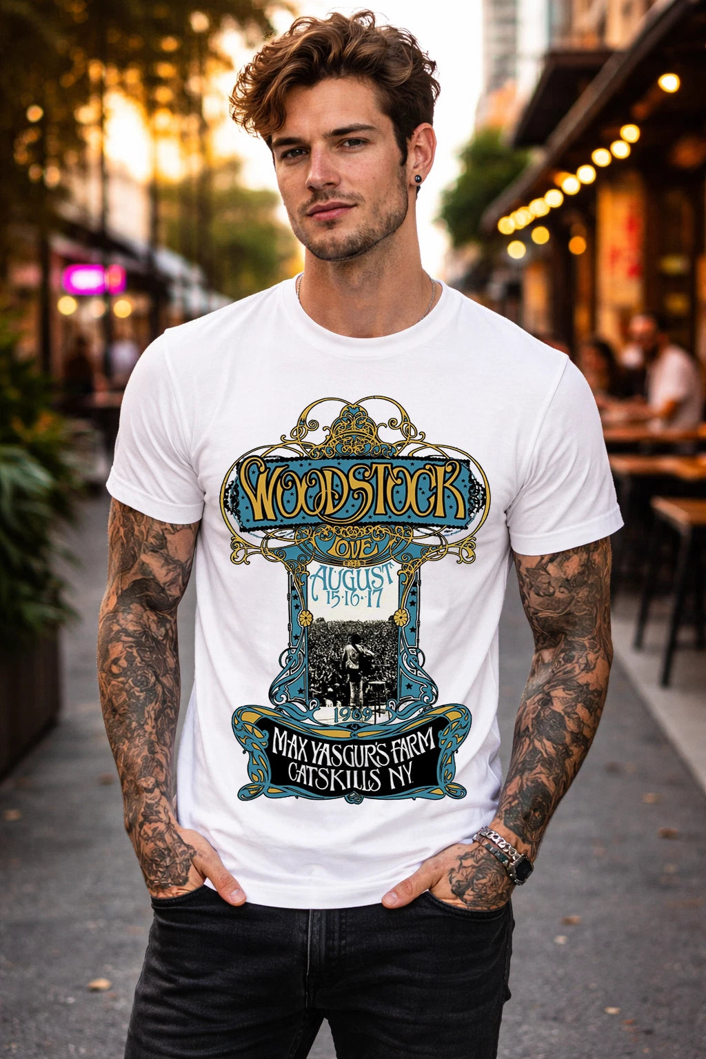 Men's White Woodstock 1969 Festival Graphic T-Shirt Retro Music Concert Tee Top