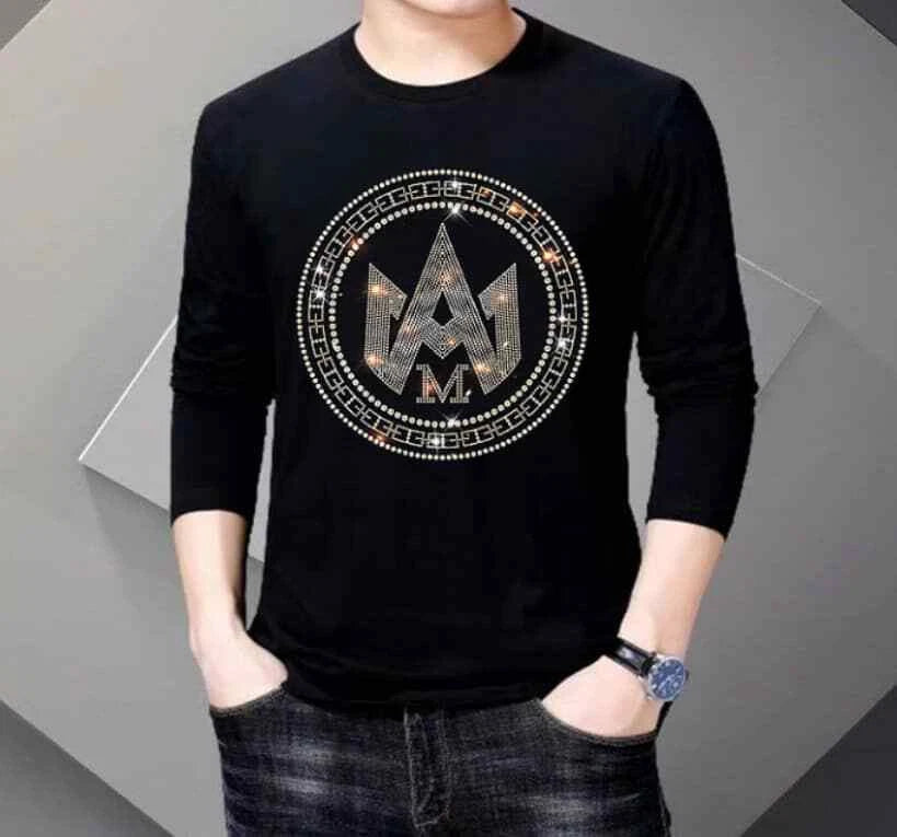 New Men Luxury Diamond Rhinestones Fashion Black Long T-Shirt High Quality