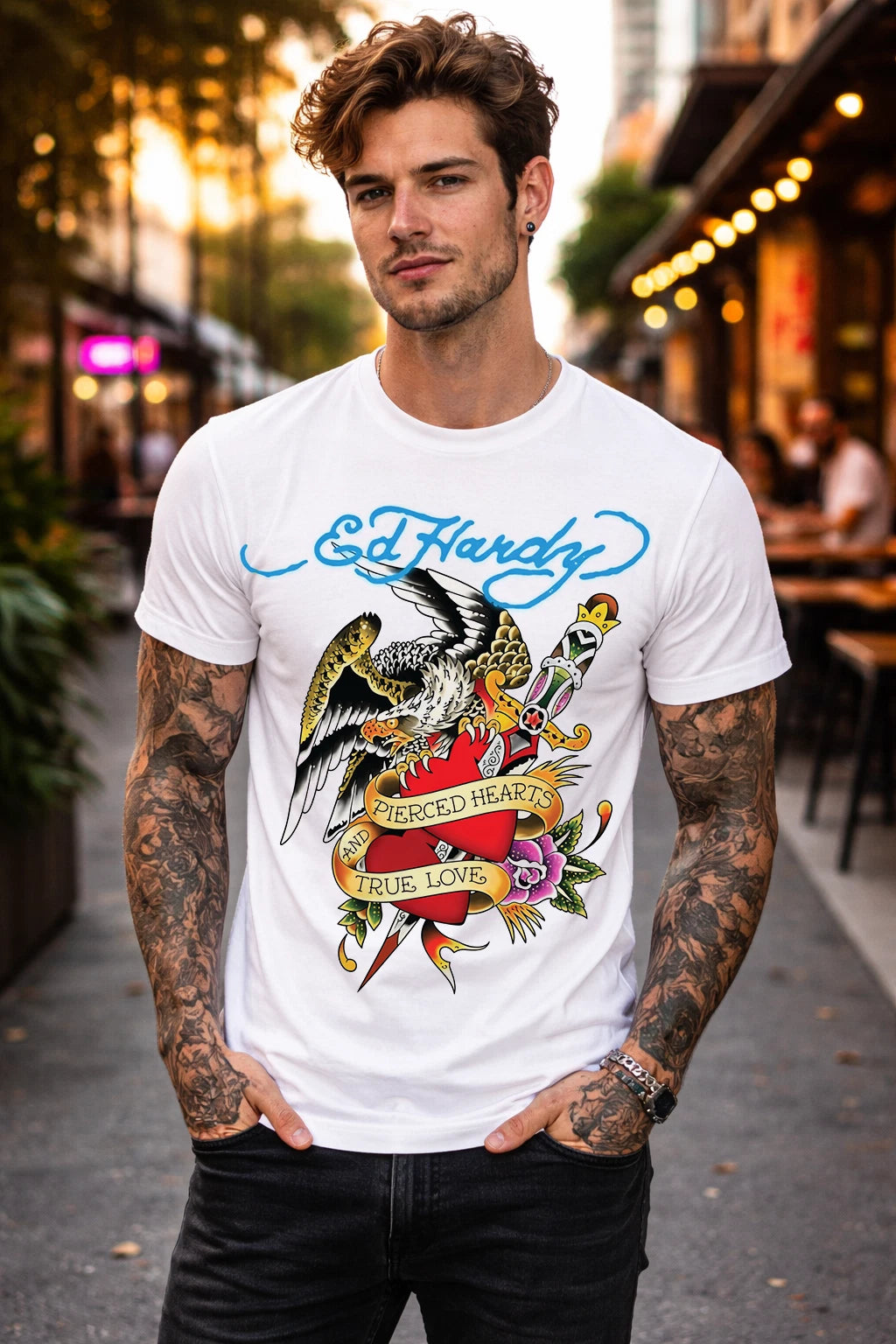 Men's White Ed Hardy Eagle Dagger Graphic T-Shirt Retro Tattoo Style Concert Tee