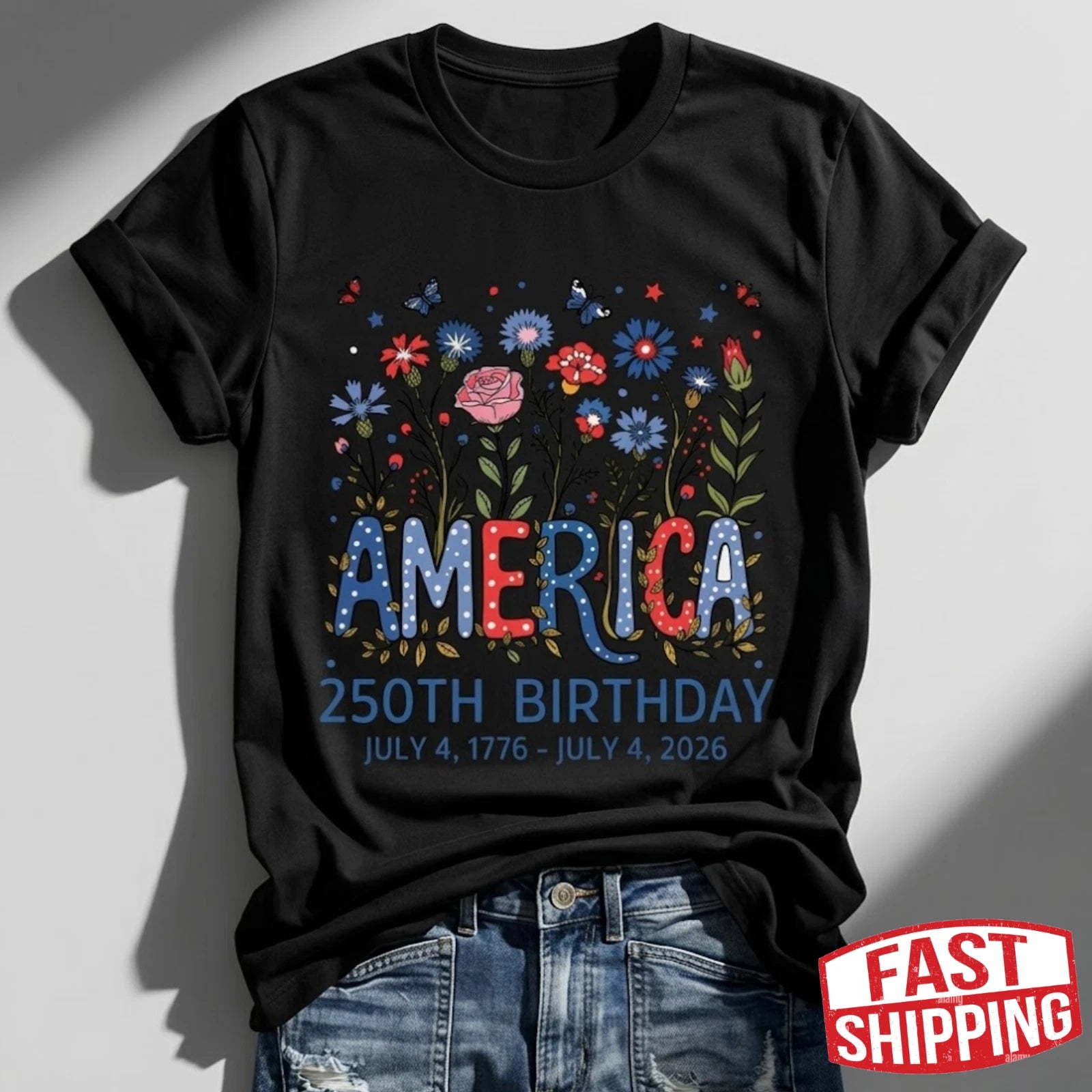 Women's USA 250th Birthday 1776–2026 Floral Butterfly Patriotic T-Shirt