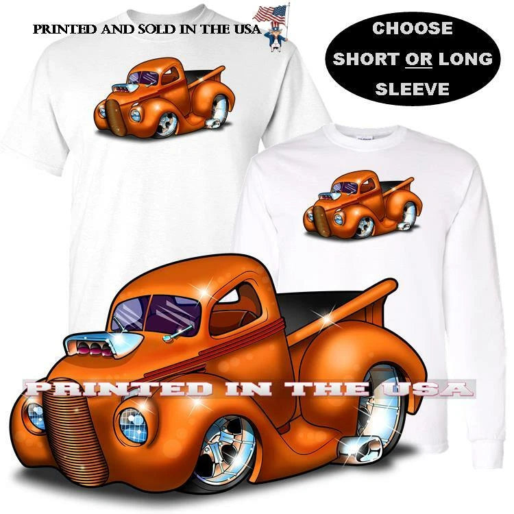 Custom 1938 Ford Orange Gold Hot Rod Pickup Truck Cartoon Car Art T Shirt