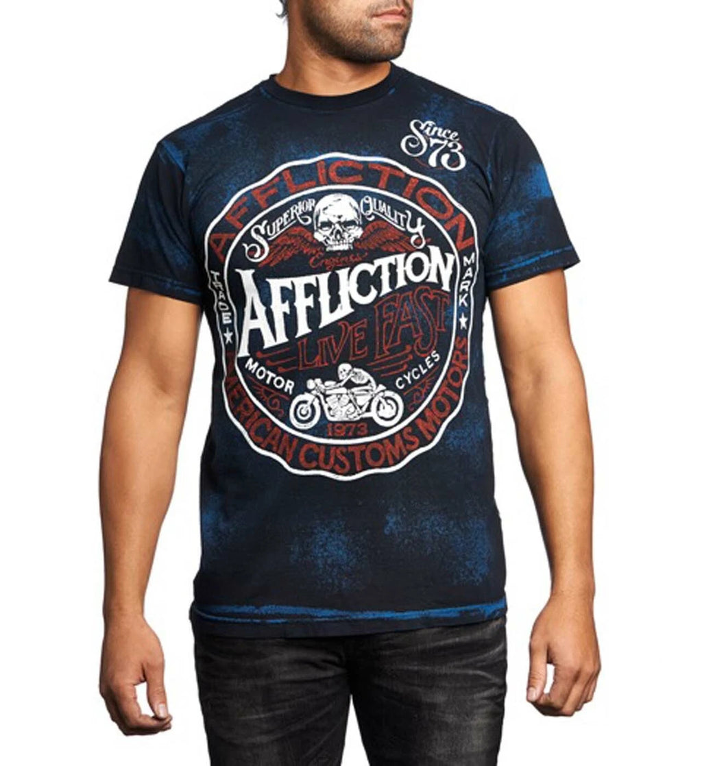 Affliction Men American Customs Shirt Motorcycle Skull Wings Cobalt Blue/Black
