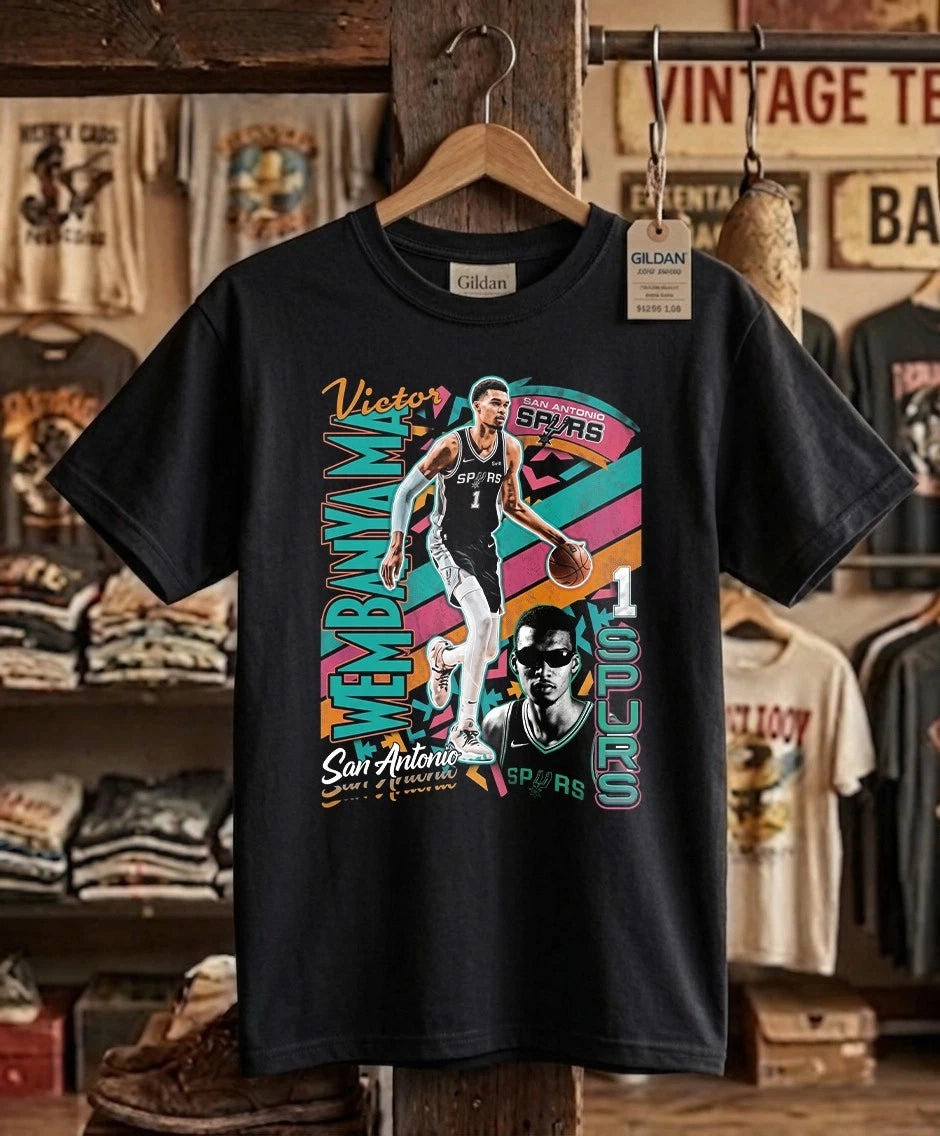 San Antonio Basketball Wemby Retro Graphic Tee - Vintage Black Streetwear Shirt