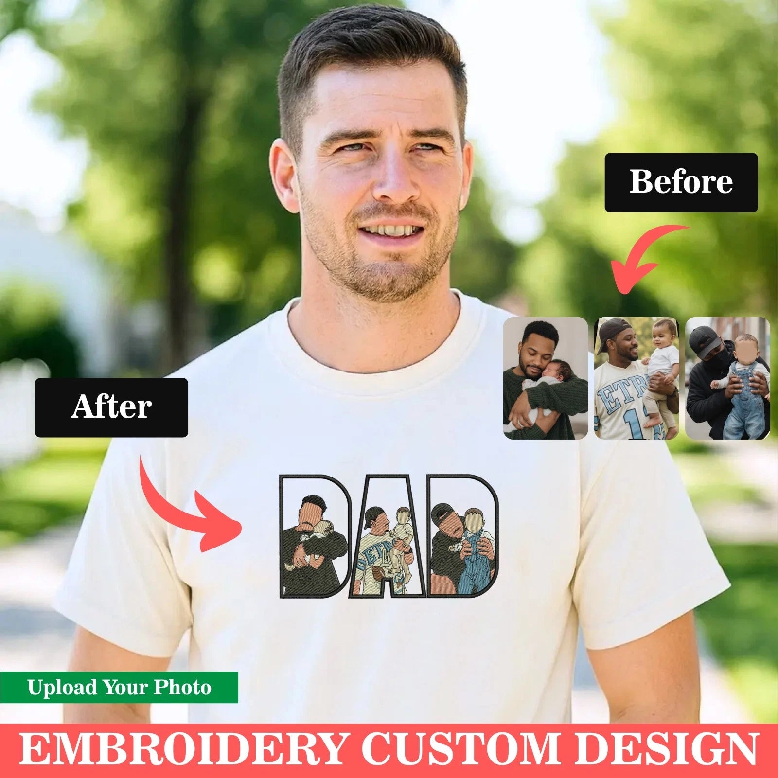 Custom Photo  Embroidered Dad Shirt With Personalised Family Gift Unisex Tee Top