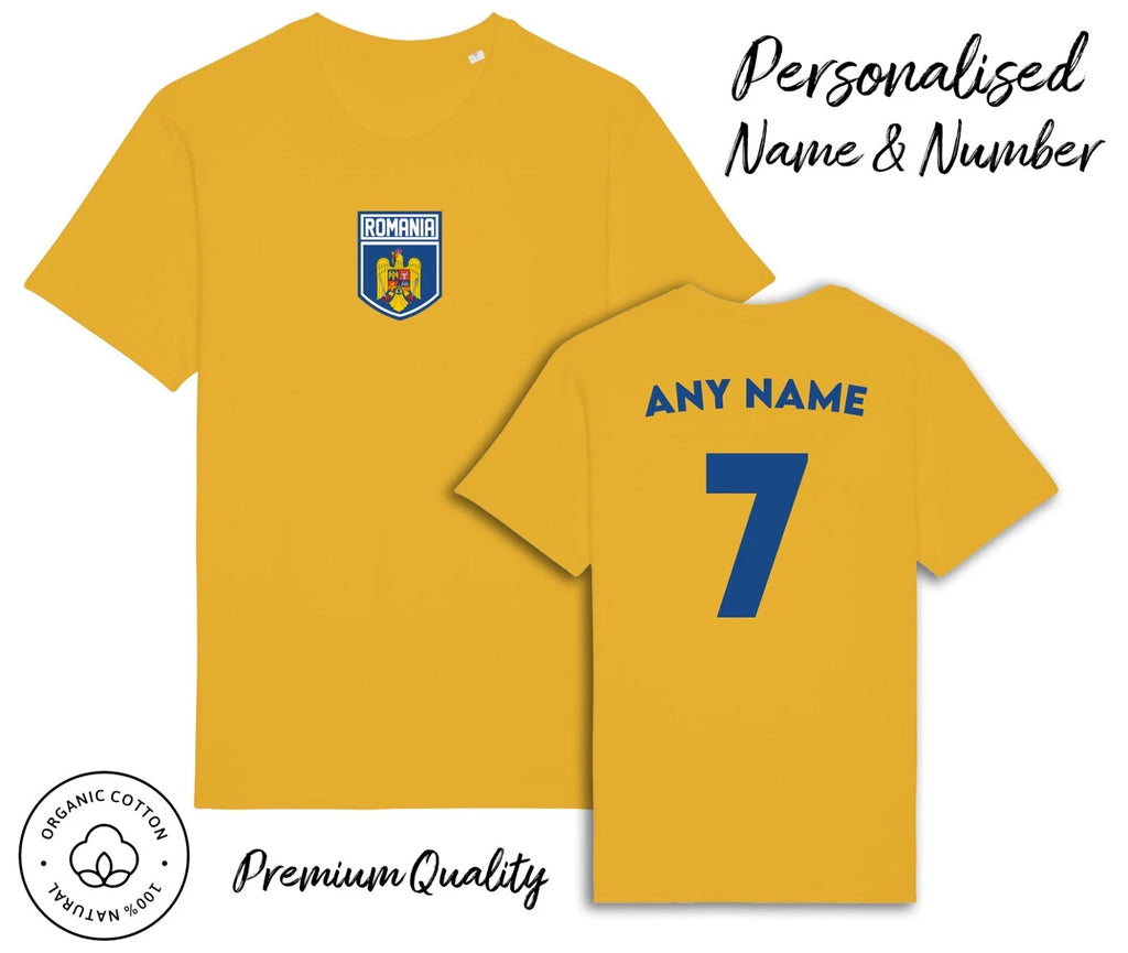 Romania Flag T-Shirt 2024 Personalised Name & No Adult Kids Baby, Football Euro