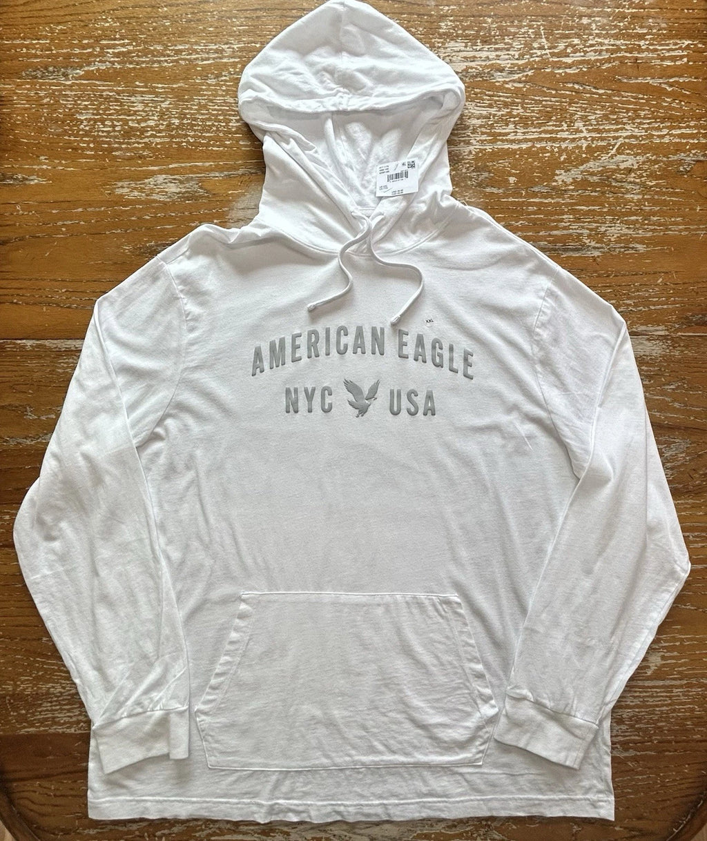 NEW AMERICAN EAGLE Super Soft Hooded Long Sleeve White Spell Out Shirt Men XXL