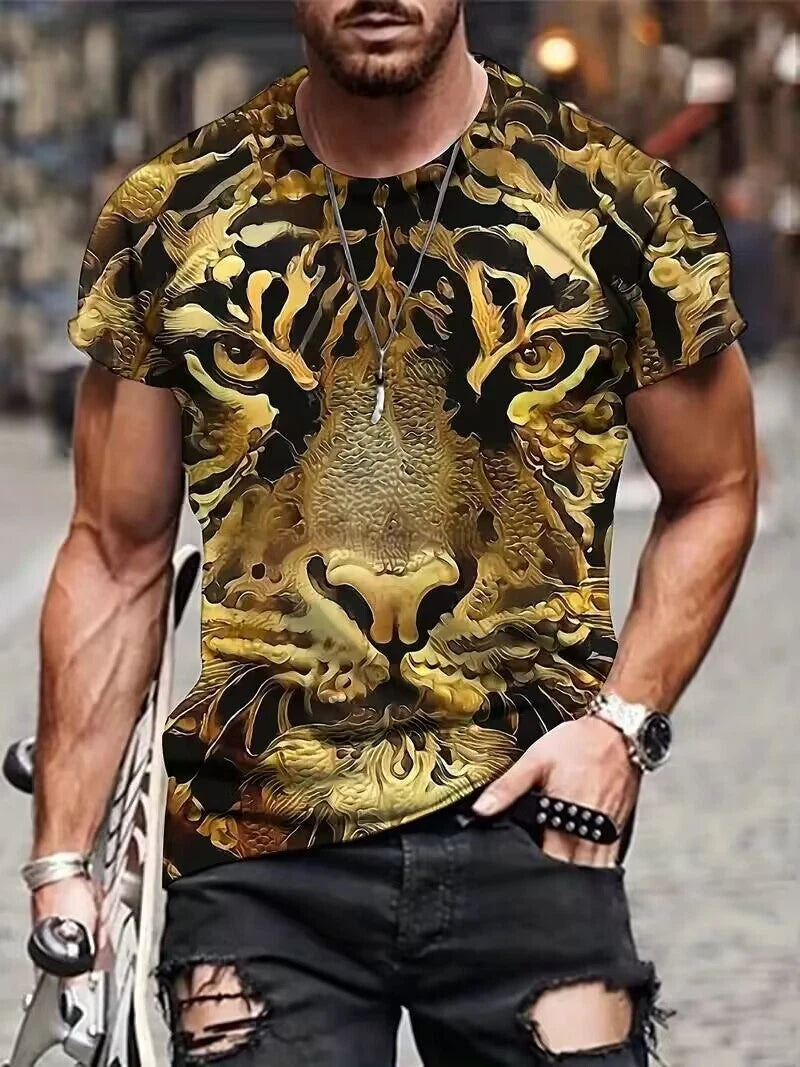 T Shirt Gold Yellow Tiger Head Novelty Fashion Tee Short Sleeve Men Stylish Soft