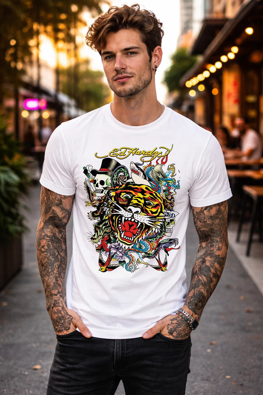 Men's White Ed Hardy Tiger Skull Graphic T-Shirt Tattoo Art Vintage Style Tee