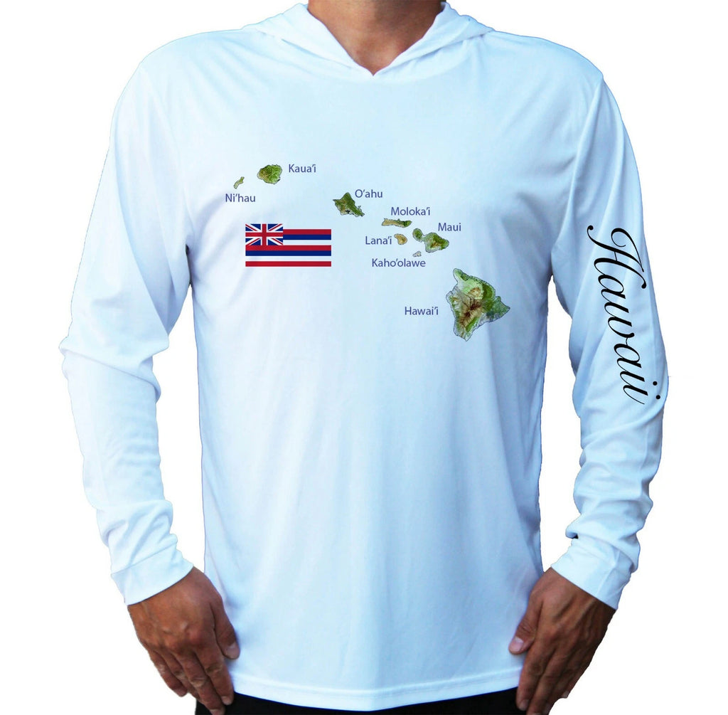 Hawaii State Map Flag Sport UV Protected UPF 50 Long Sleeve T-Shirt Hood Fishing