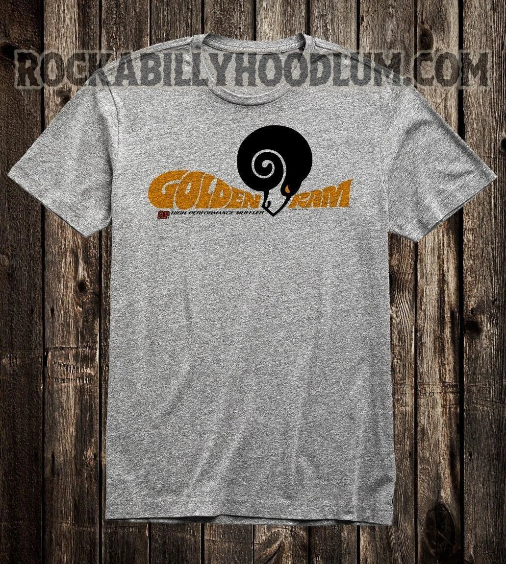 Retro Hot Rod Tee T Shirt Drag Race Racing Speed Shop Golden Ram Muffler