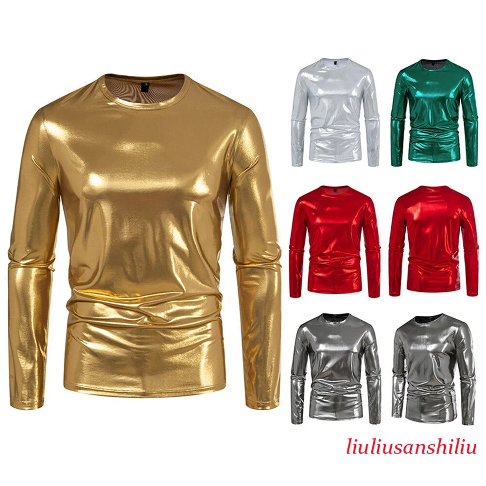 Men's Shiny Long Sleeve T-Shirt Classic Slim Round Neck Shirts Stage Party Tops