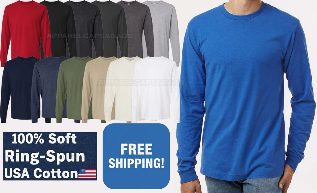 Mens 100% Soft USA Pre-Shrunk Cotton Long Sleeve T-Shirt Fine Jersey Tee XS-4XL