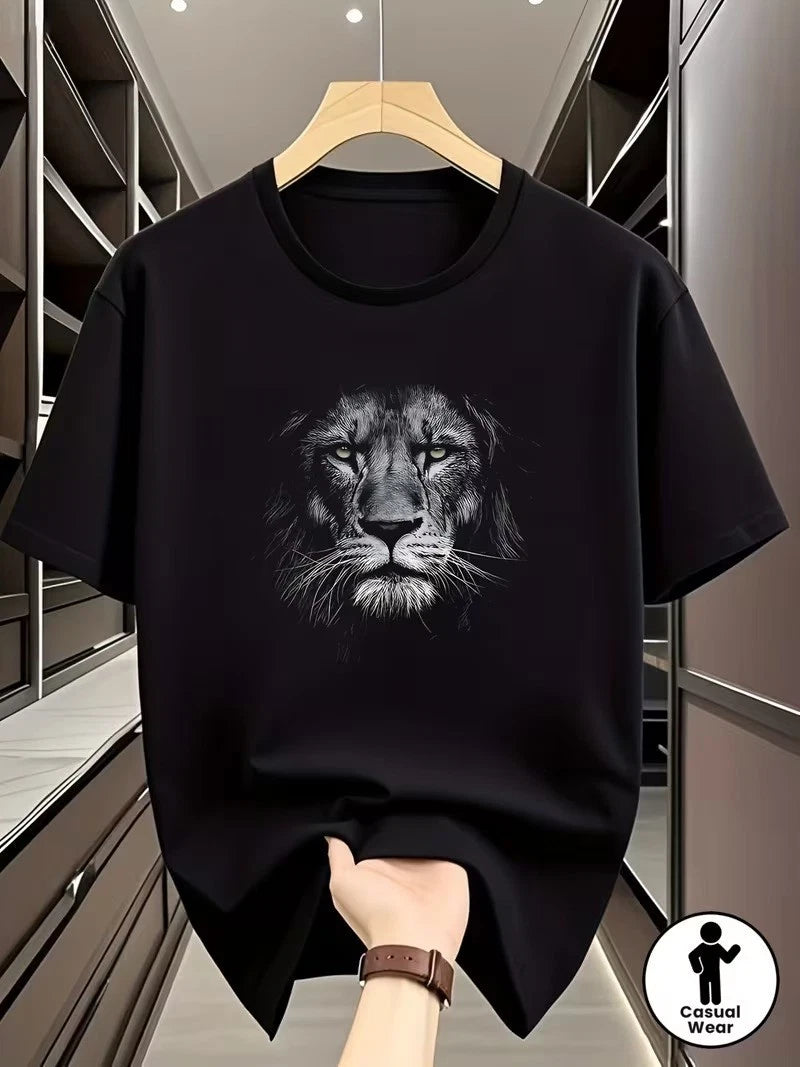 Lion Head Graphic T-Shirt Fierce Wild Animal Print Casual Crew Neck Tee