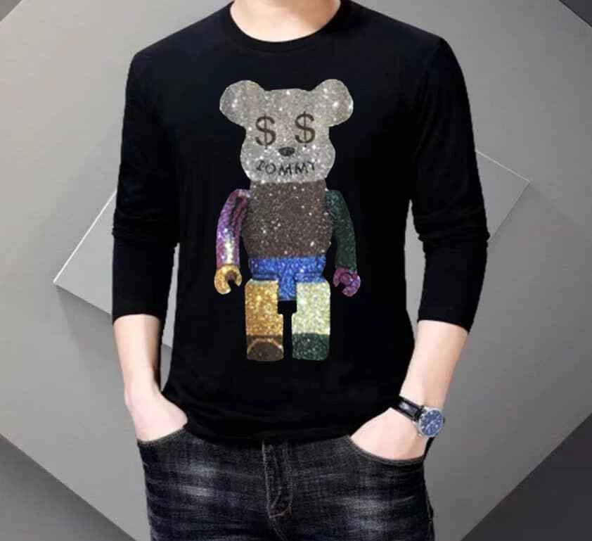New Men Fashion Diamond Rhinestones Bear Luxury Black Long T-Shirt High Quality
