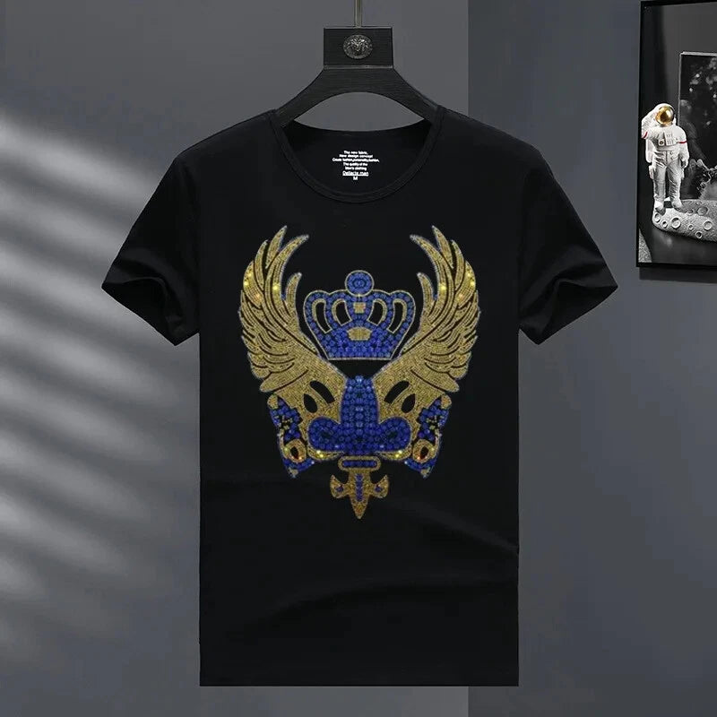 New Men Luxury Diamond Crown Rhinestones Fashion Black White T-Shirt