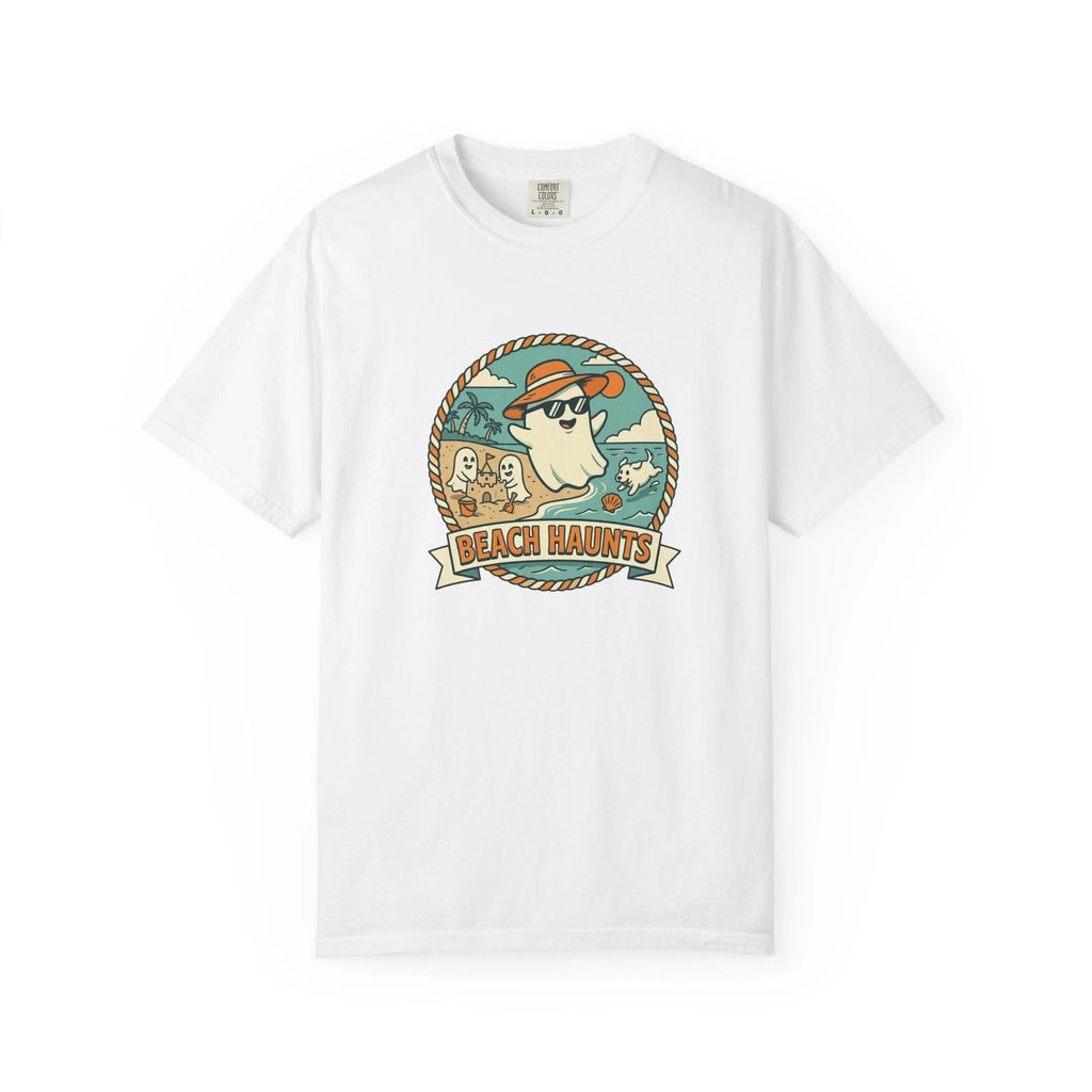 Beach Haunts ghost surfer T-shirt | coastal summer retro design