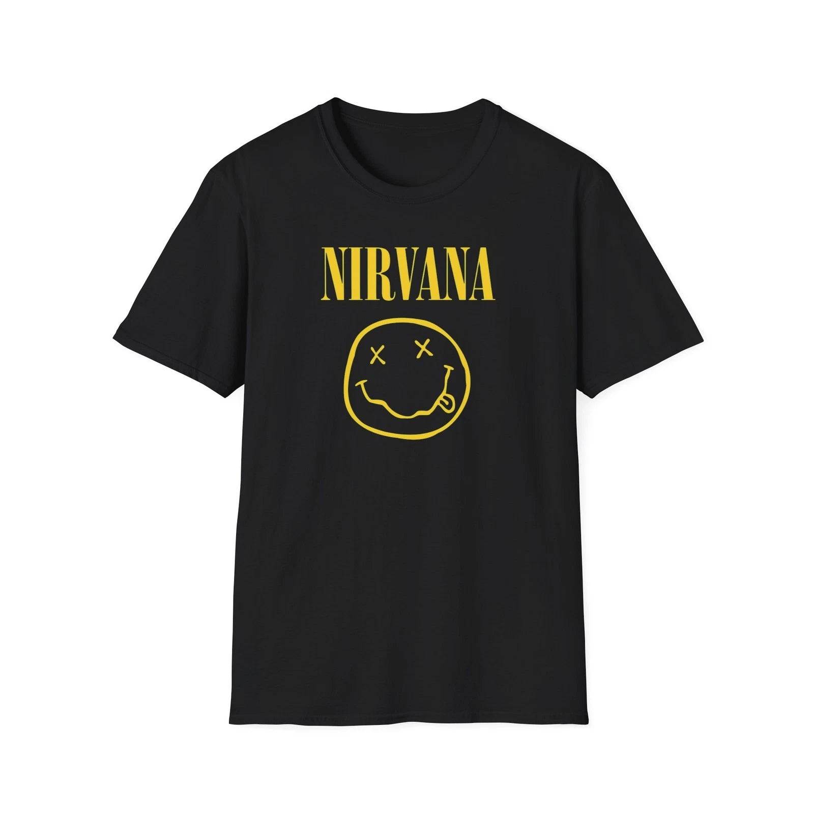 Nirvana Vintage smiley logo T-Shirt | Grunge band tee, yellow on black