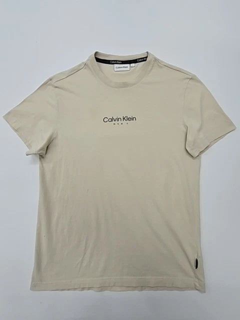 Calvin Klein Men Beige Logo T-Shirt Size S Regular Cotton Crew Neck