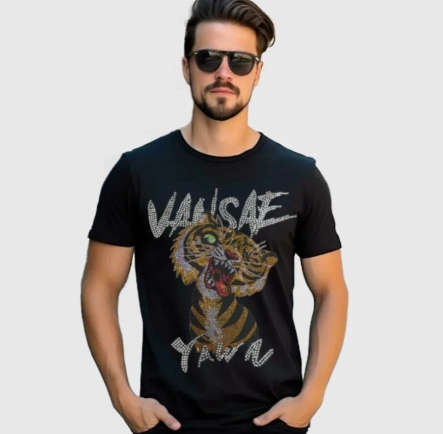 New Men Luxury Diamond Tiger Rhinestones Fashion Black White T-Shirt