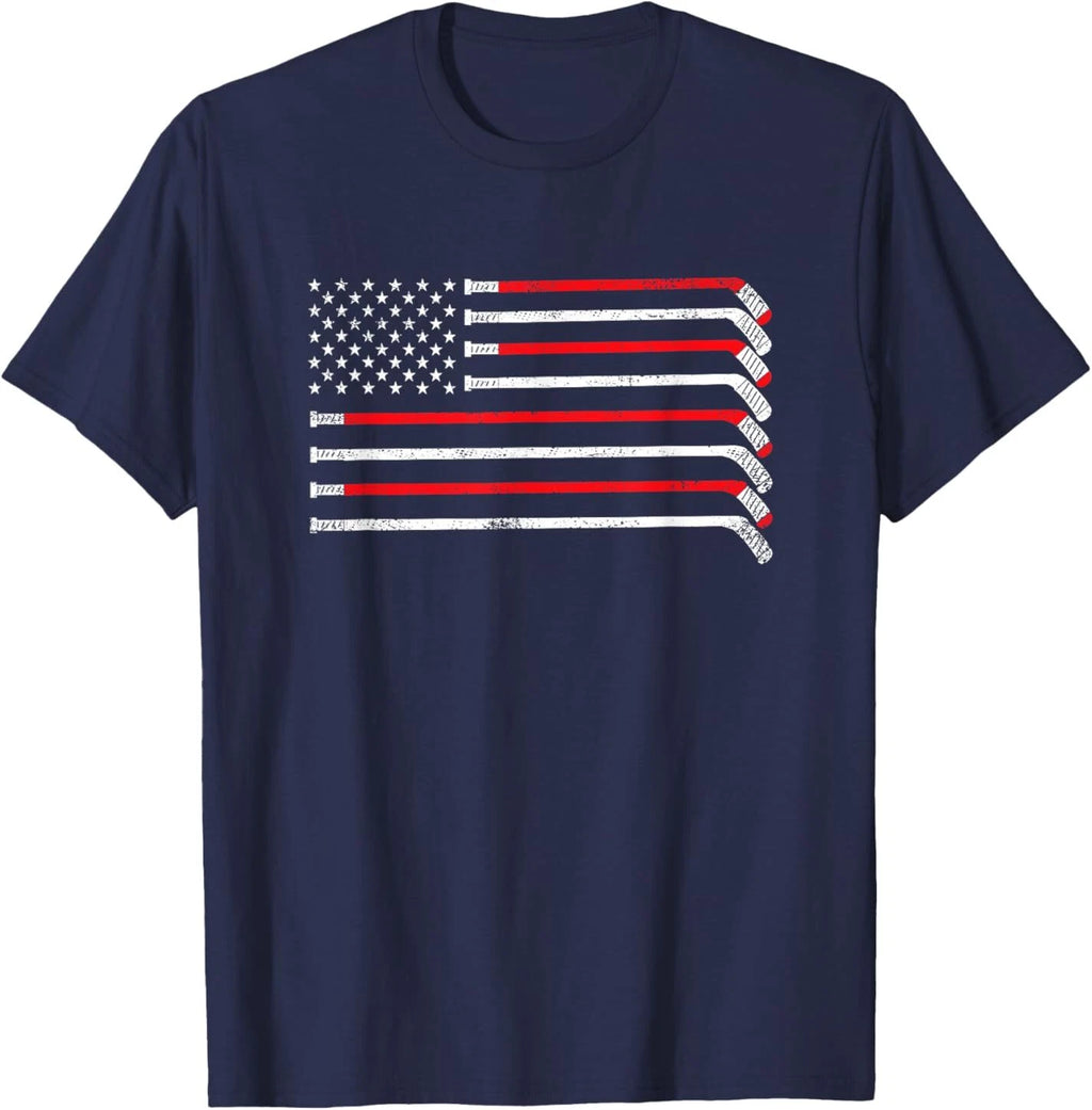 Hockey Stick USA Flag Faded Hockey Player T-Shirt