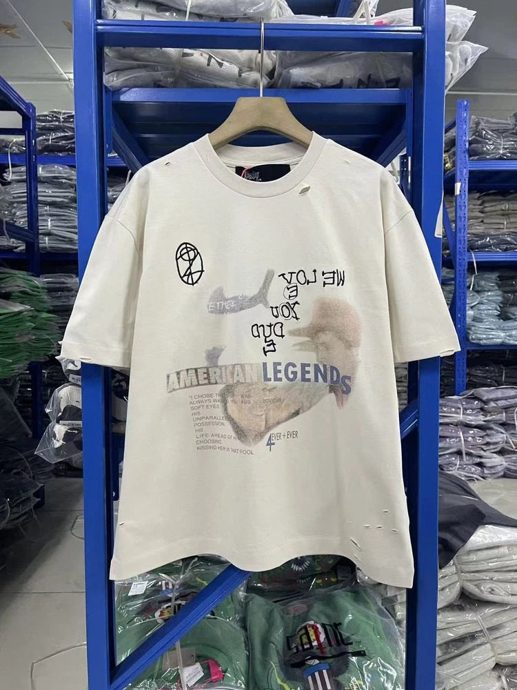 Distressed Ripped Embroidery Print Loose Short Sleeve Tee Summer Casual Unisex