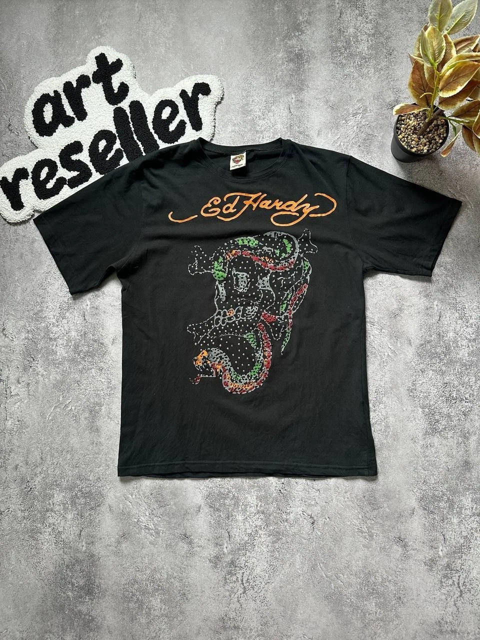 Vintage ed hardy men's black t shirt snake skull graphic rhinestone Y2K Size XL