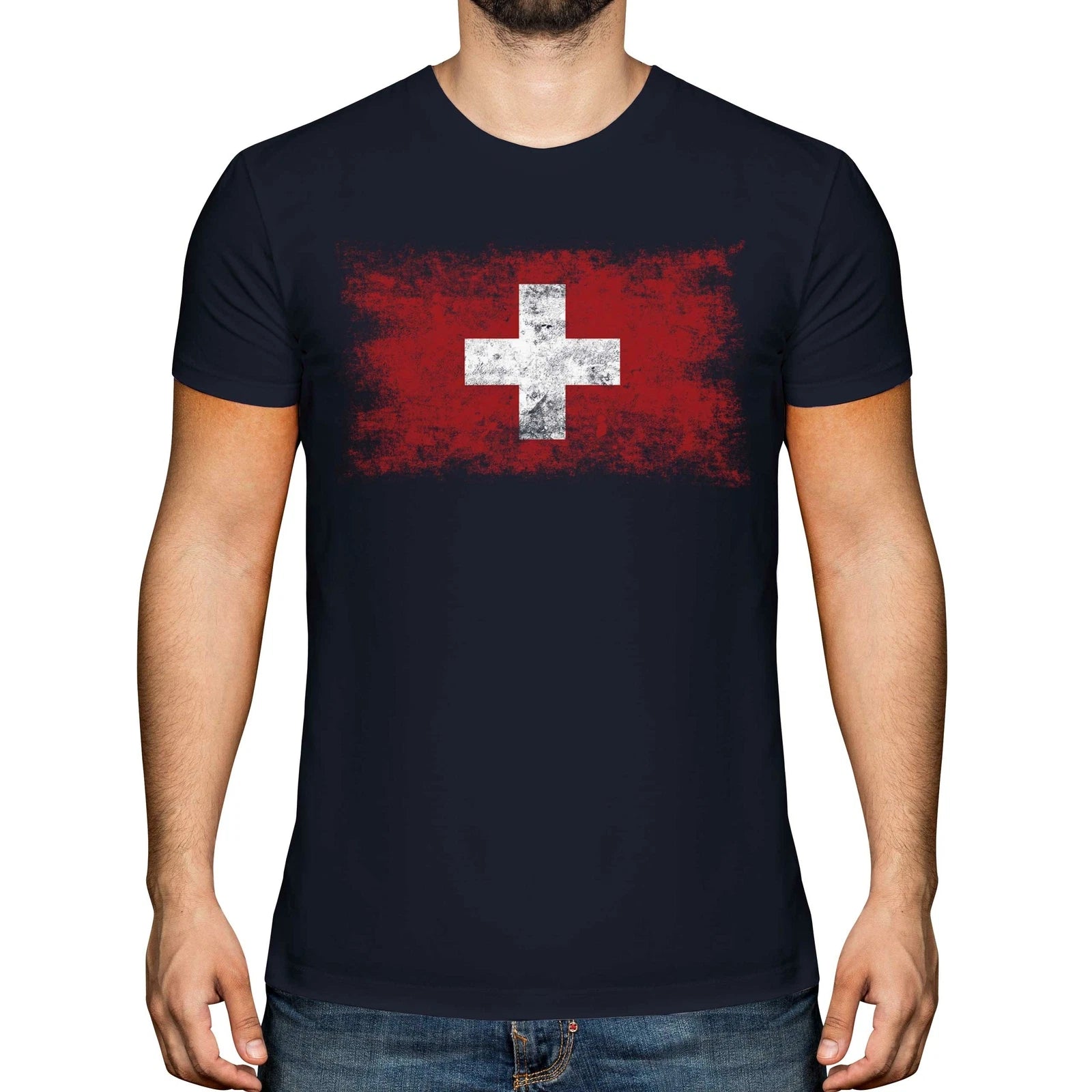 SWITZERLAND DISTRESSED FLAG MENS T-SHIRT TOP SCHWEIZ SVIZZERA SUISSE SWISS