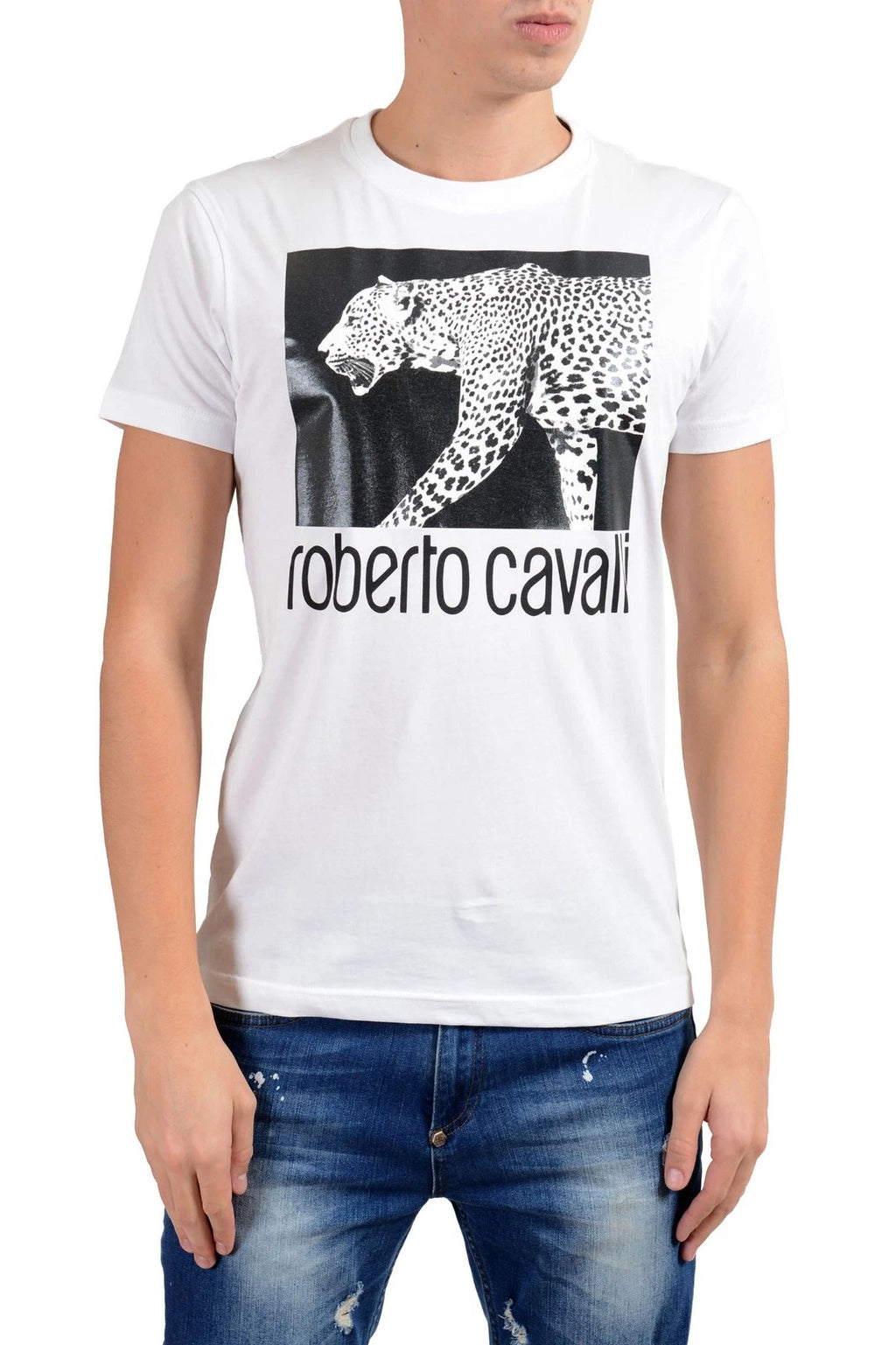 Roberto Cavalli Men's White Graphic Leopard Crewneck T-Shirt Size S M L XL