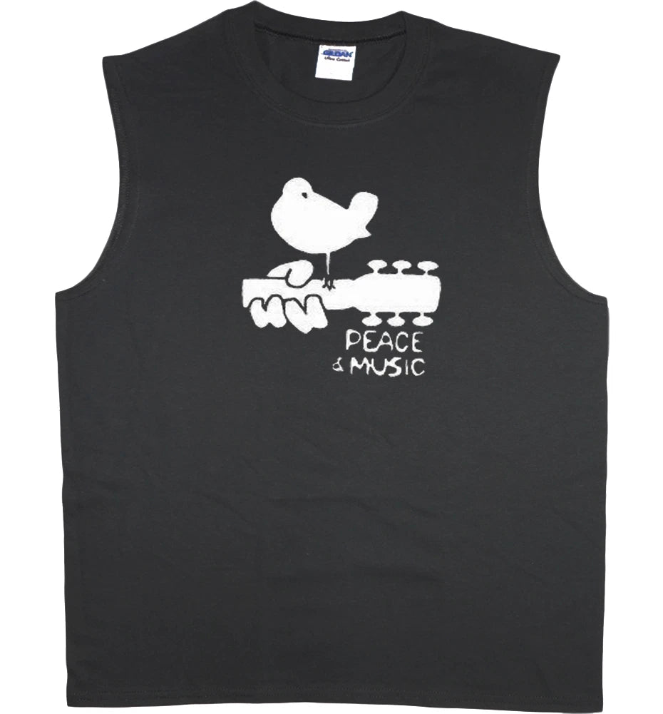 Mens sleeveless t-shirt Woodstock peace music guitar design muscle tee tank top